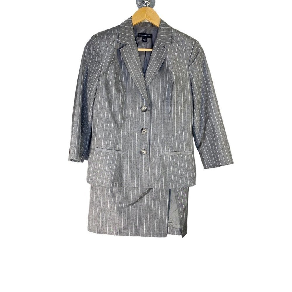 Banana Republic Womens Two Piece Set Suit Jacket & Skirt Gray White Career Sz 6